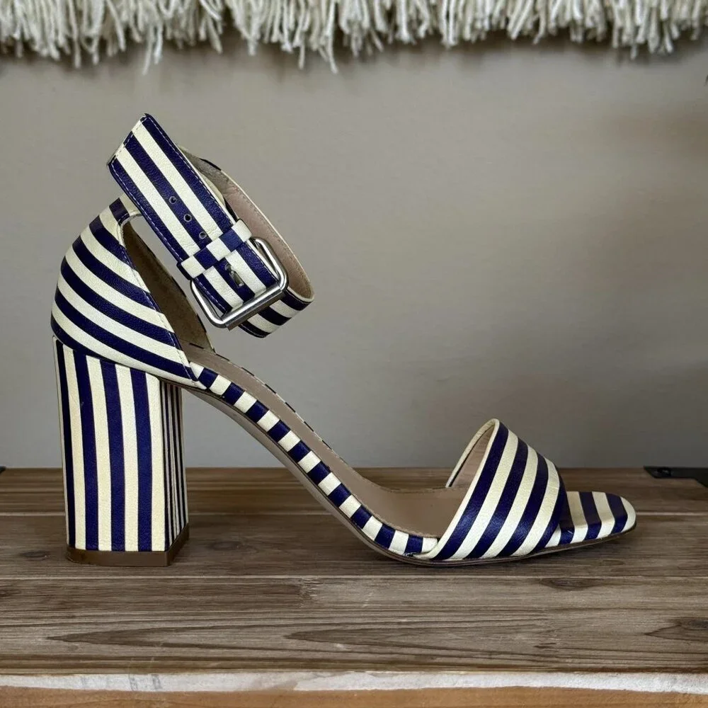J. Crew Leather Light Cream Navy Stripe Ankle Strap Open Toe Block Heel Sandals